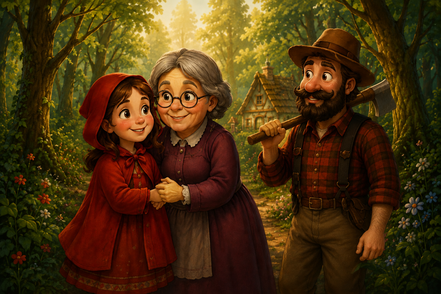 Caperucita con la abuela y el leñador